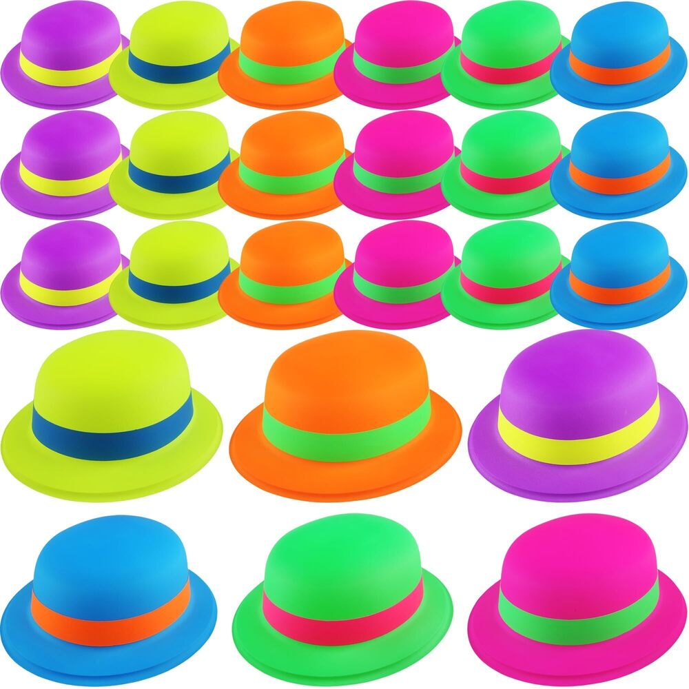 7640 24 Pcs Plastic Bowler Hats Neon Bowler Derby Hat Colorful Party Hats